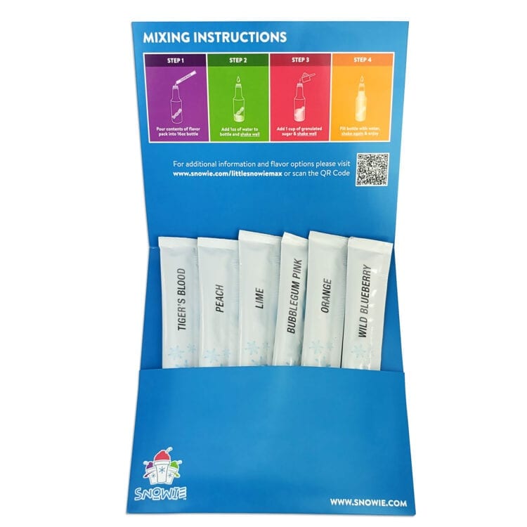 A sky blue Snowie iceKit showing 6 packets of flavor